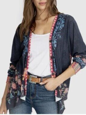 Johnny Was blue floral cotton cardigan